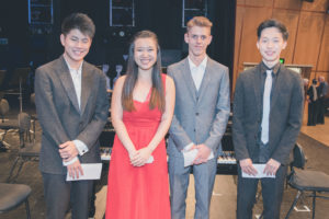 L to R: Delvan Lin (Piano - 2nd place); Siyu Sun (Piano -1st place); Matthias Balzat (Instrumental - 1st place); Hyein Kim (Instrumental - 2nd place)